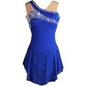 Blue Asymmetrical Ice Skating Dress with Rhinestones